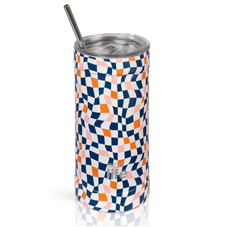 Θερμός ανοξείδωτος Ecolife Squares 500ml με σχέδιο τετράγωνα και καλαμάκι