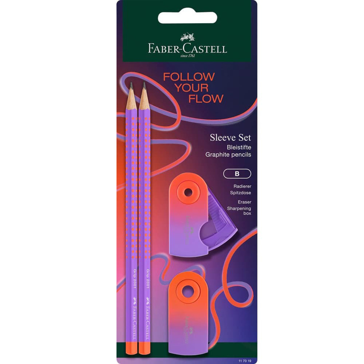 Σετ Faber-Castell Flow Edition Punchy Melon με 2 μολύβια Grip 2001 B, γόμα και ξύστρα σε μωβ απόχρωση