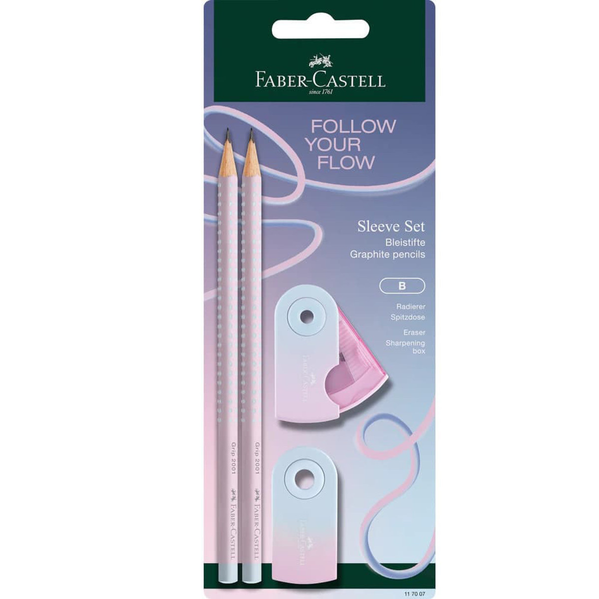 Σετ Faber-Castell Flow Edition Blushing Sky με 2 μολύβια Grip 2001 B, γόμα και ξύστρα σε ροζ απόχρωση