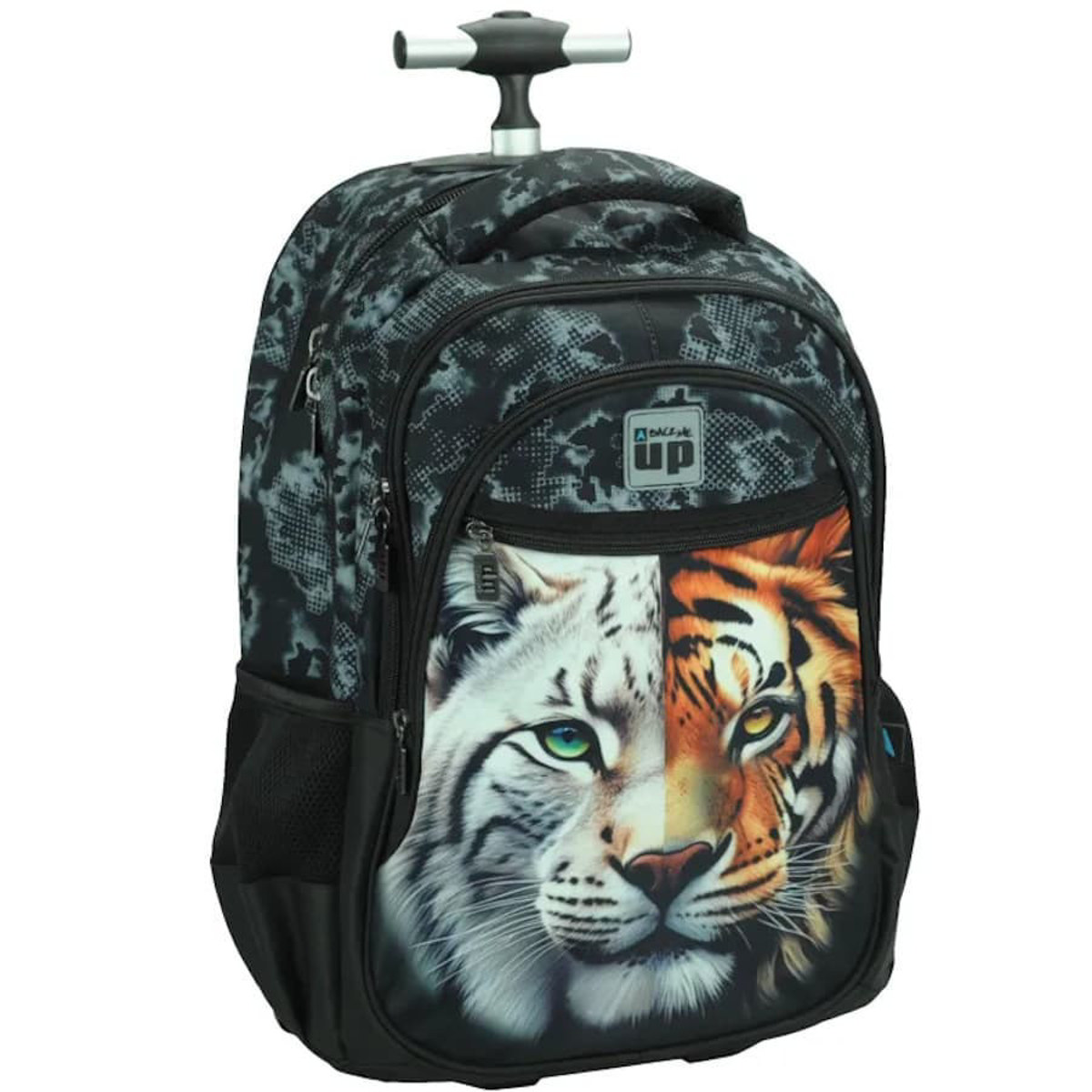 Τσάντα τρόλεϊ Back Me Up Wild Cats με μισή λευκή τίγρη και μισή τίγρη σε camo φόντο, μπροστινή όψη